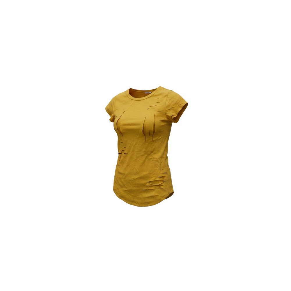 Pinklicious T-Shirt Womens L Mustard Yellow NWT Distressed Ripped Short Sleeve